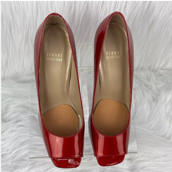 Stuart Weitzman Cherry Red Heels Pumps Patent Leather Open Toe 4" Valentines Day - Picture 13 of 16